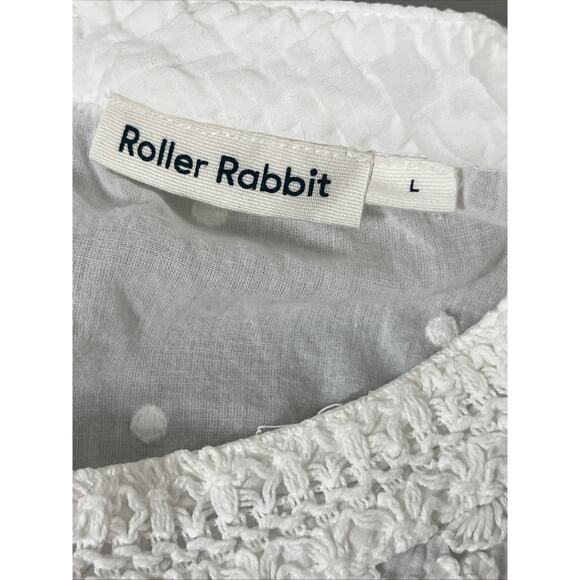 Roller Rabbit Embroidered Top Womens Large White Gauzy Ruffle Coastal Slit Back - Picture 8 of 11